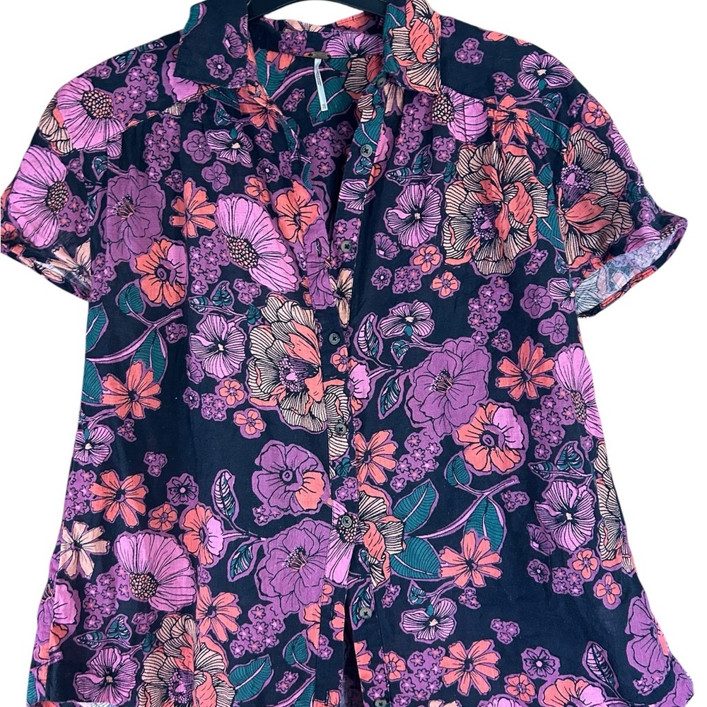 Free People Floral Button Front Blouse Purple Pink Boho Top Women’s Small